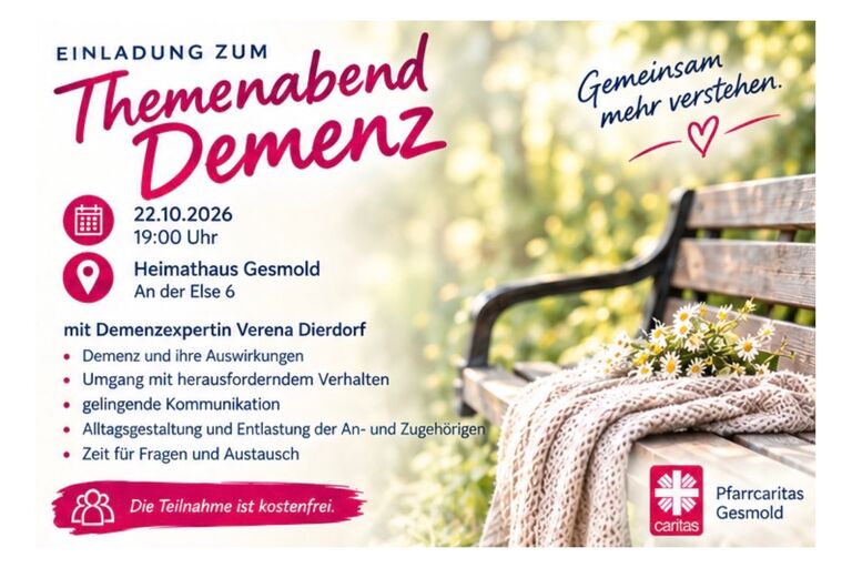 Einladung zum Themenabend Demenz am 22.10.2026 um 19:00 Uhr im Heimathaus Gesmold An der Else 6
